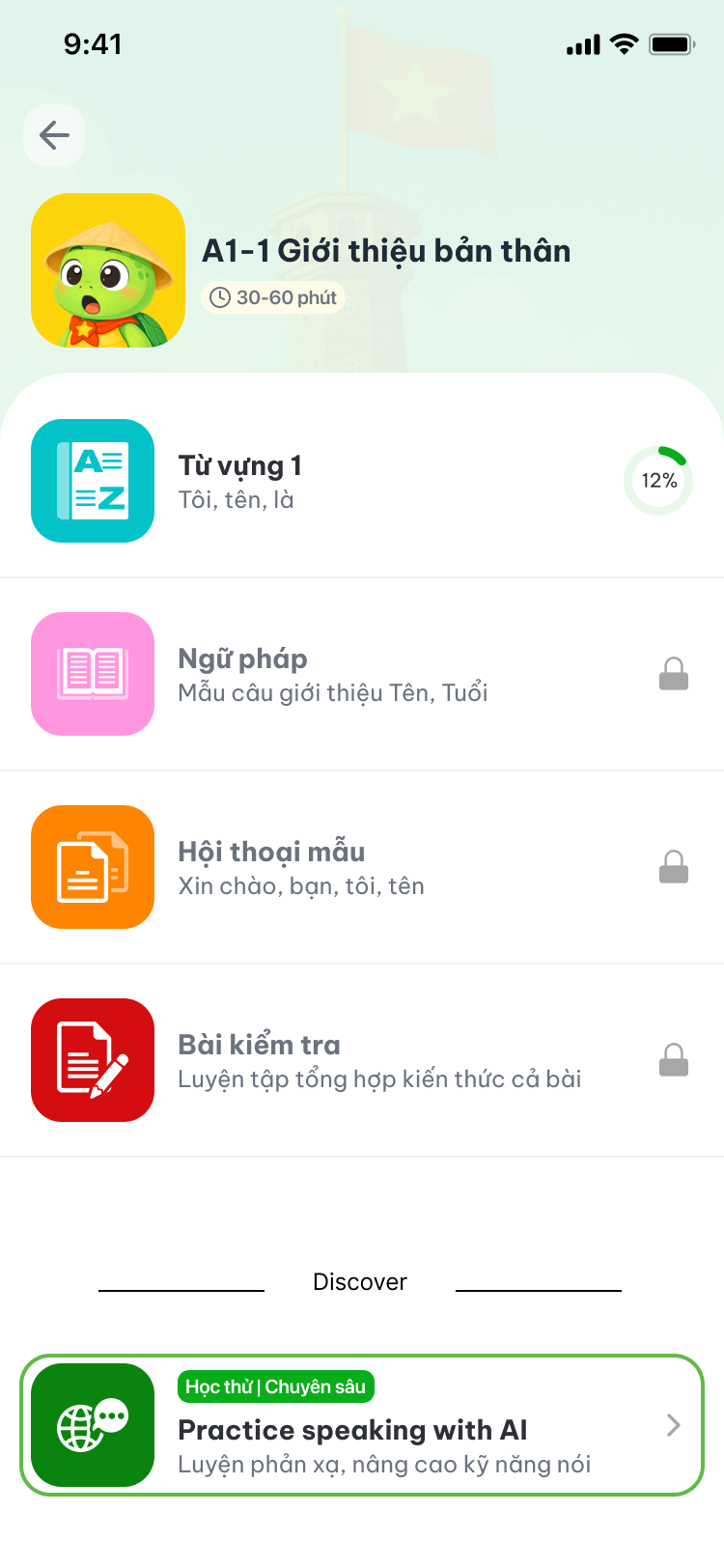 Màn hình bài học theo chủ đề trong ứng dụng